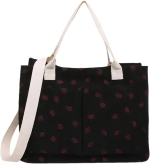 Strawberry Tote Bag for Women with Pockets Corduroy Crossbody Shoulder Handbags Purse for Work