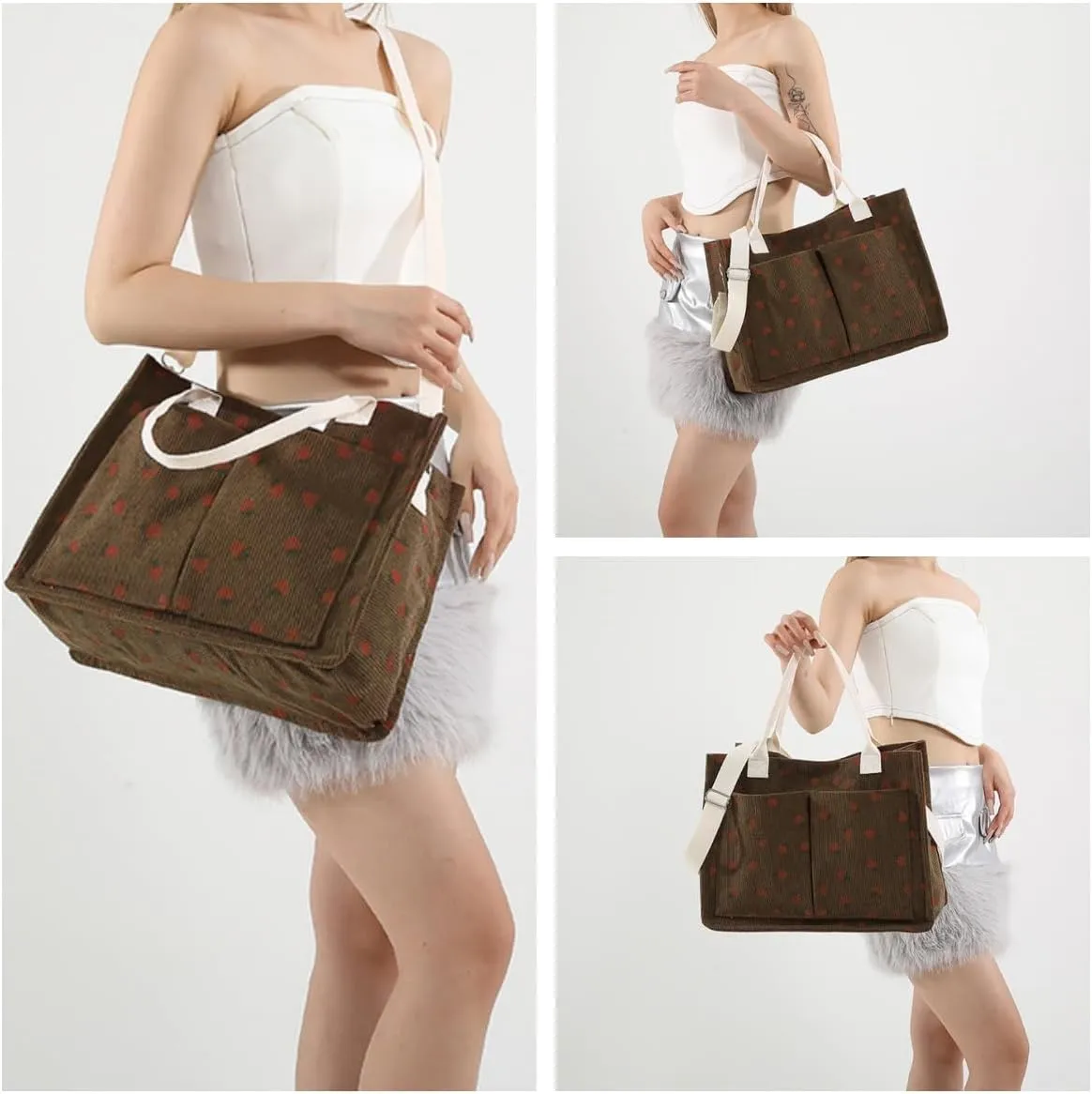 Strawberry Tote Bag for Women with Pockets Corduroy Crossbody Shoulder Handbags Purse for Work