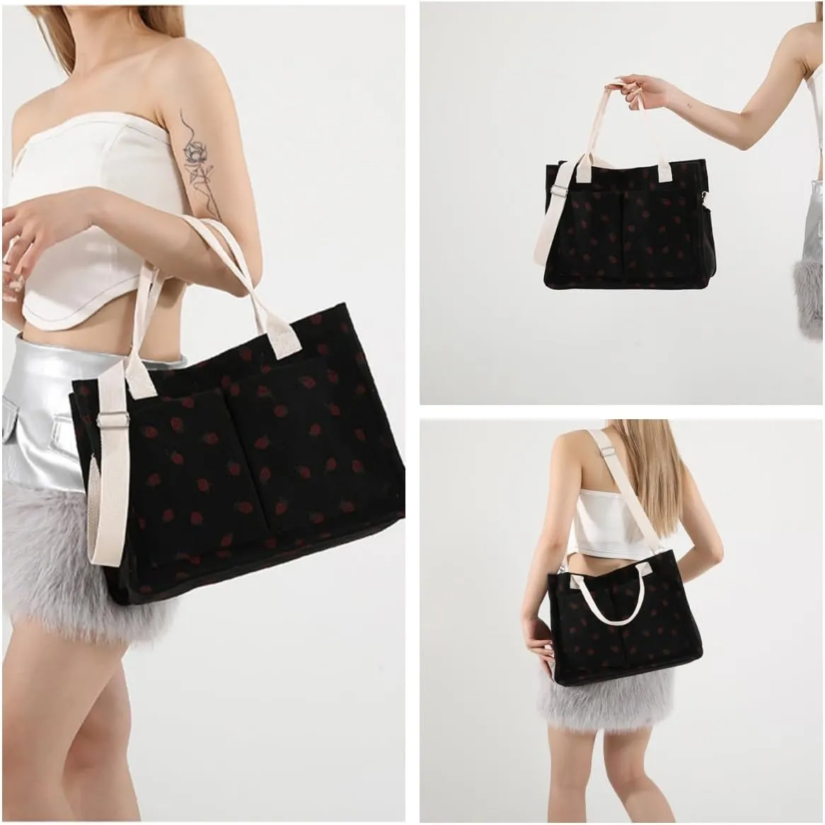 Strawberry Tote Bag for Women with Pockets Corduroy Crossbody Shoulder Handbags Purse for Work