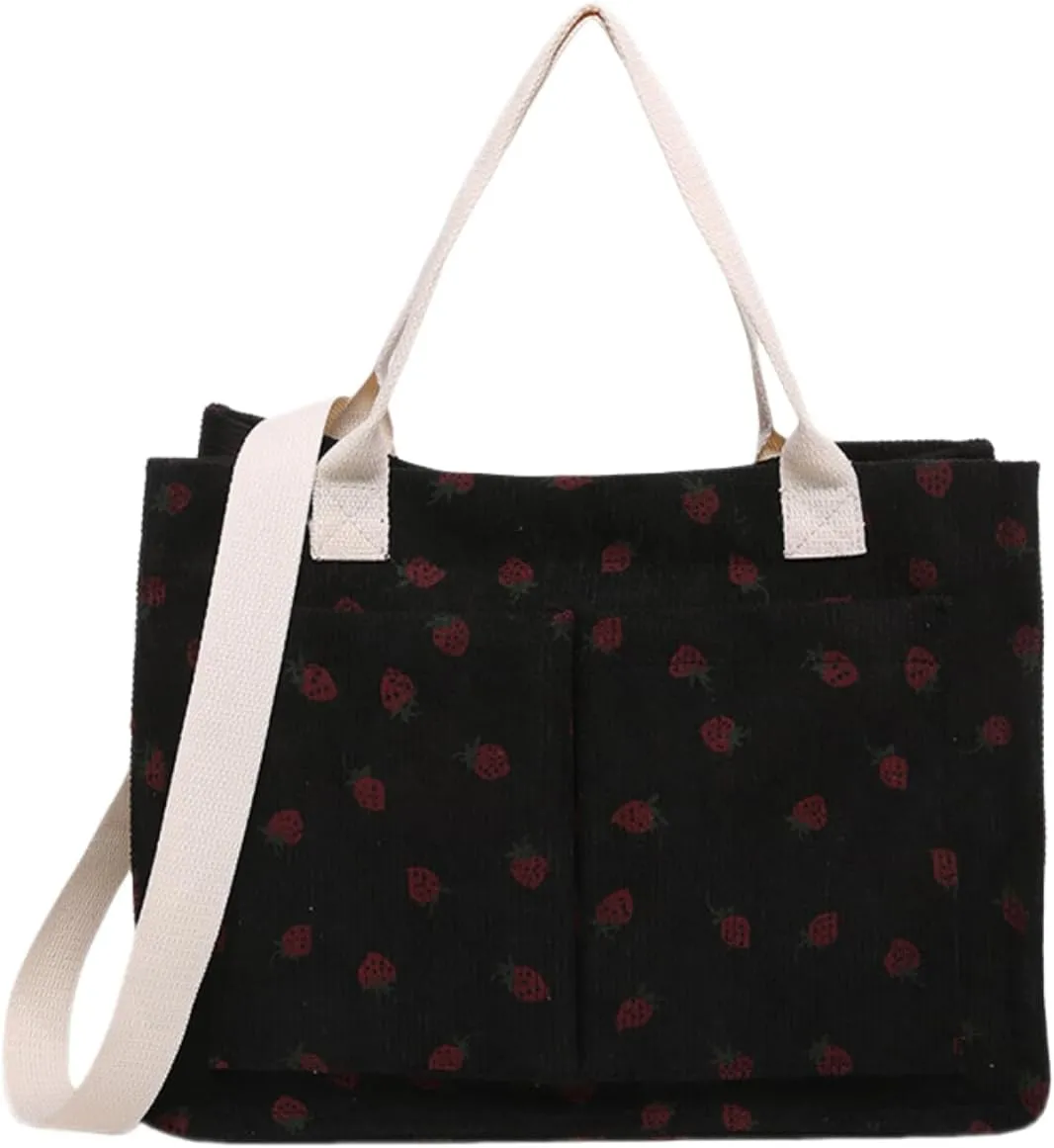 Strawberry Tote Bag for Women with Pockets Corduroy Crossbody Shoulder Handbags Purse for Work