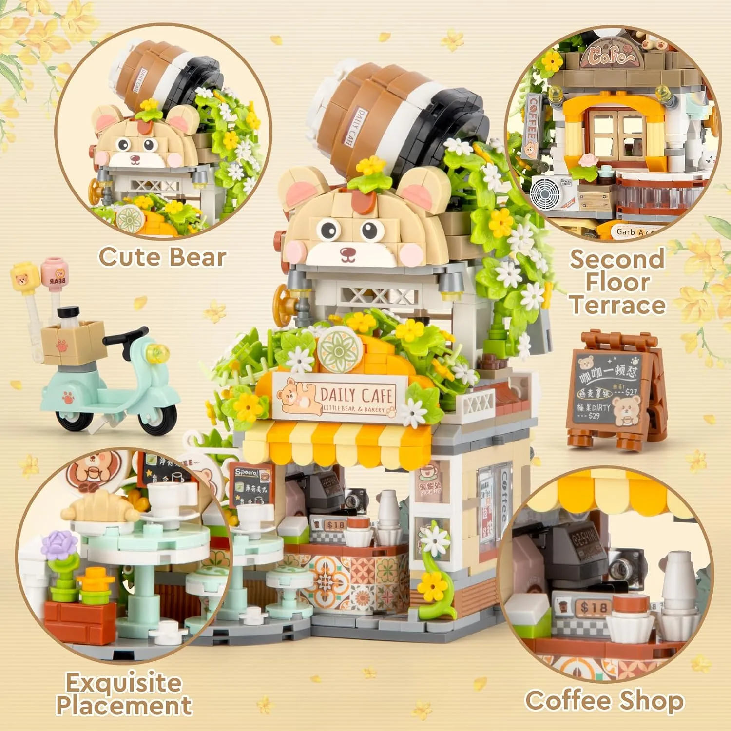 Street View Coffee Shop Mini Building Set, MOC Cute Animalis Building Toys Creative Architecture Set, Ideas Gifts for Adults Kids 8-12, NOT Compatible with Classic Bricks (1077 PCS)