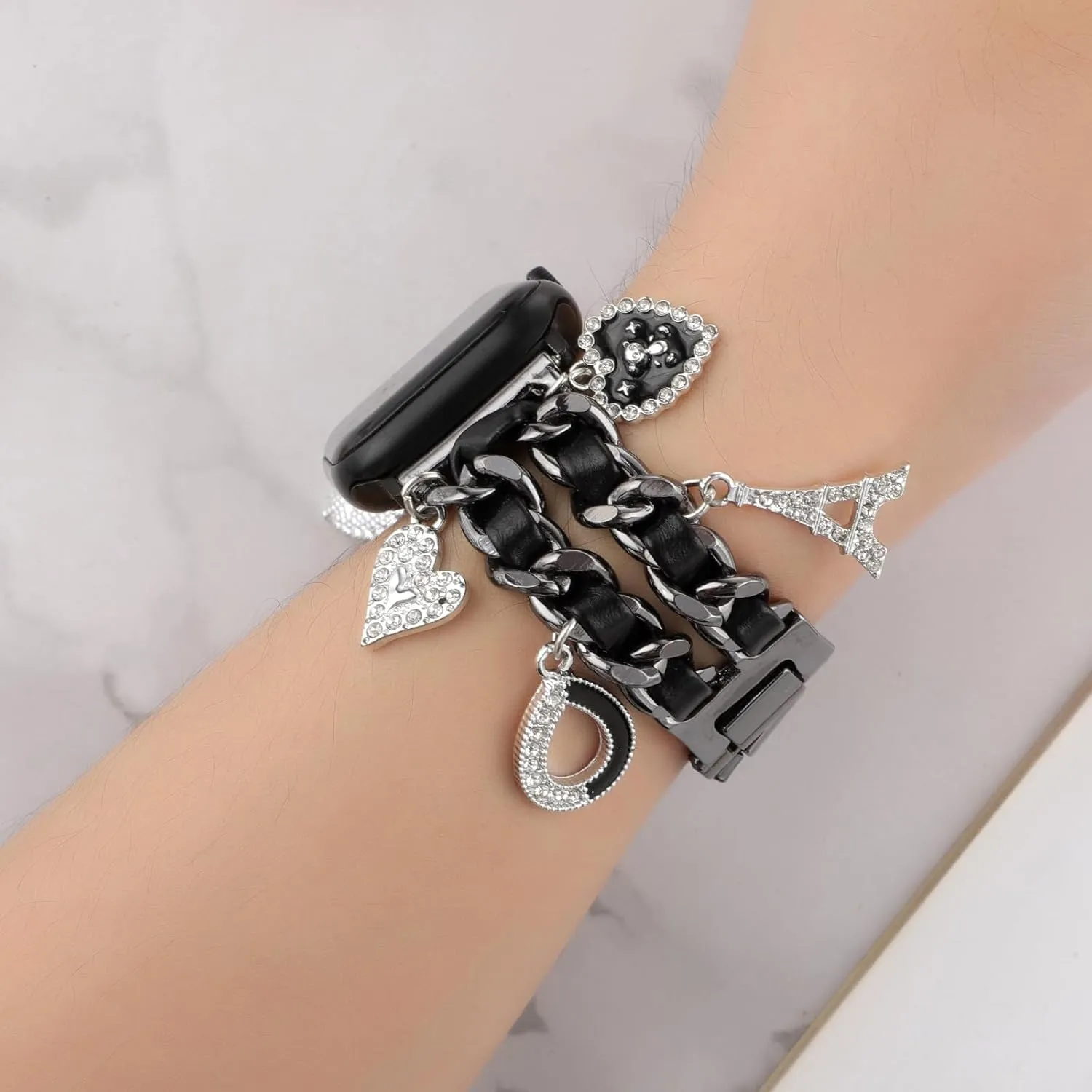Stylish Wristband Compatible with Apple Watch Bands 38mm 40mm 41mm 42mm 44mm 45mm 49mm 46mm,Replacement Strap with Unique Pendants for iWatch Series 10 9 8 7 6 5 4 3 2 SE Ultra Metal Chain Charms Women