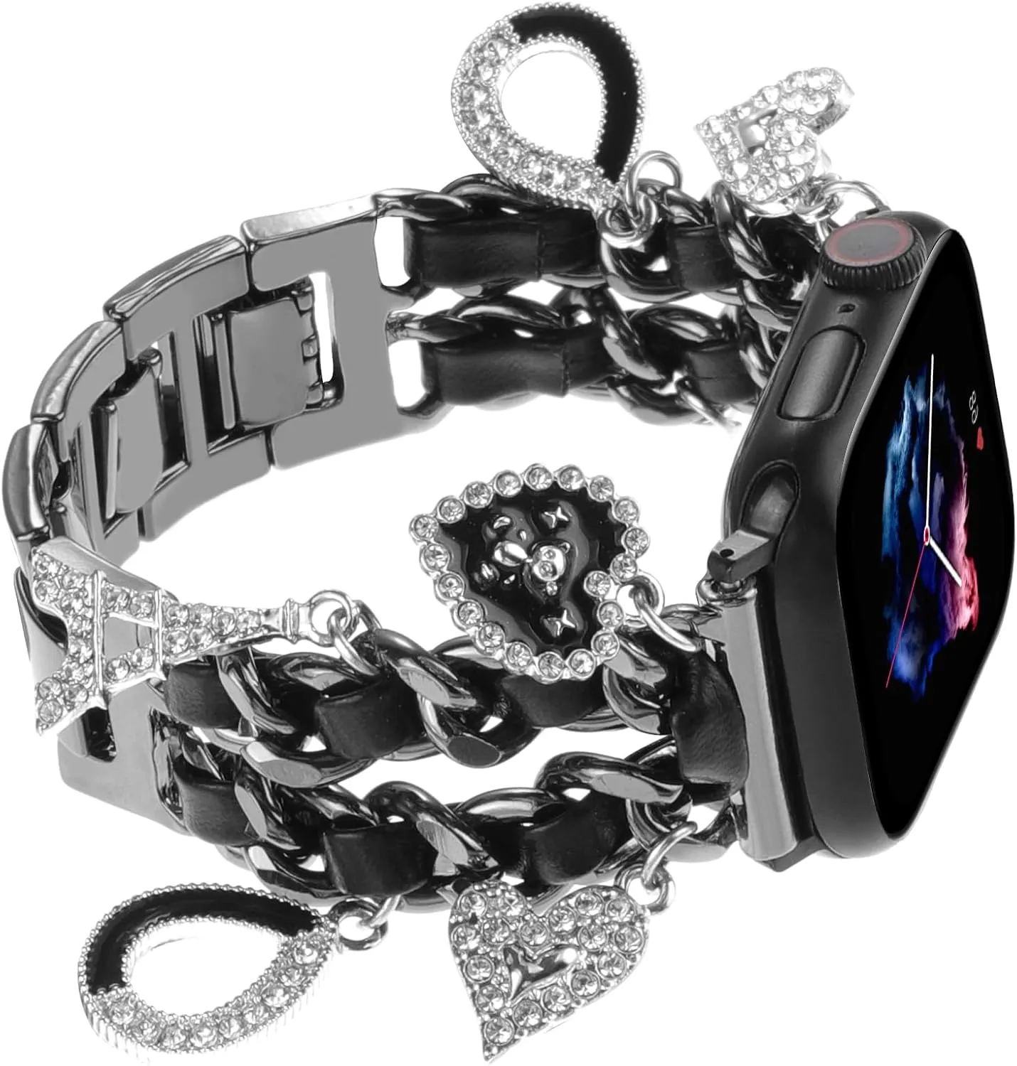 Stylish Wristband Compatible with Apple Watch Bands 38mm 40mm 41mm 42mm 44mm 45mm 49mm 46mm,Replacement Strap with Unique Pendants for iWatch Series 10 9 8 7 6 5 4 3 2 SE Ultra Metal Chain Charms Women