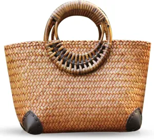 Summer Beach Bag, Boho Handmade Rattan Handbag, Round Bamboo Handle, Large Straw Retro patternTote Bag for Beach Vacation Daily(Khaki)