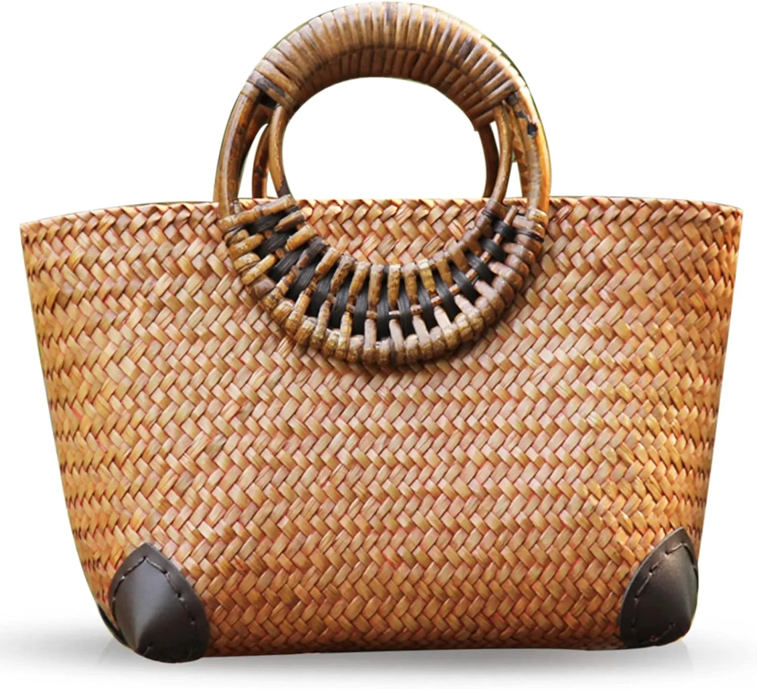 Summer Beach Bag, Boho Handmade Rattan Handbag, Round Bamboo Handle, Large Straw Retro patternTote Bag for Beach Vacation Daily(Khaki)