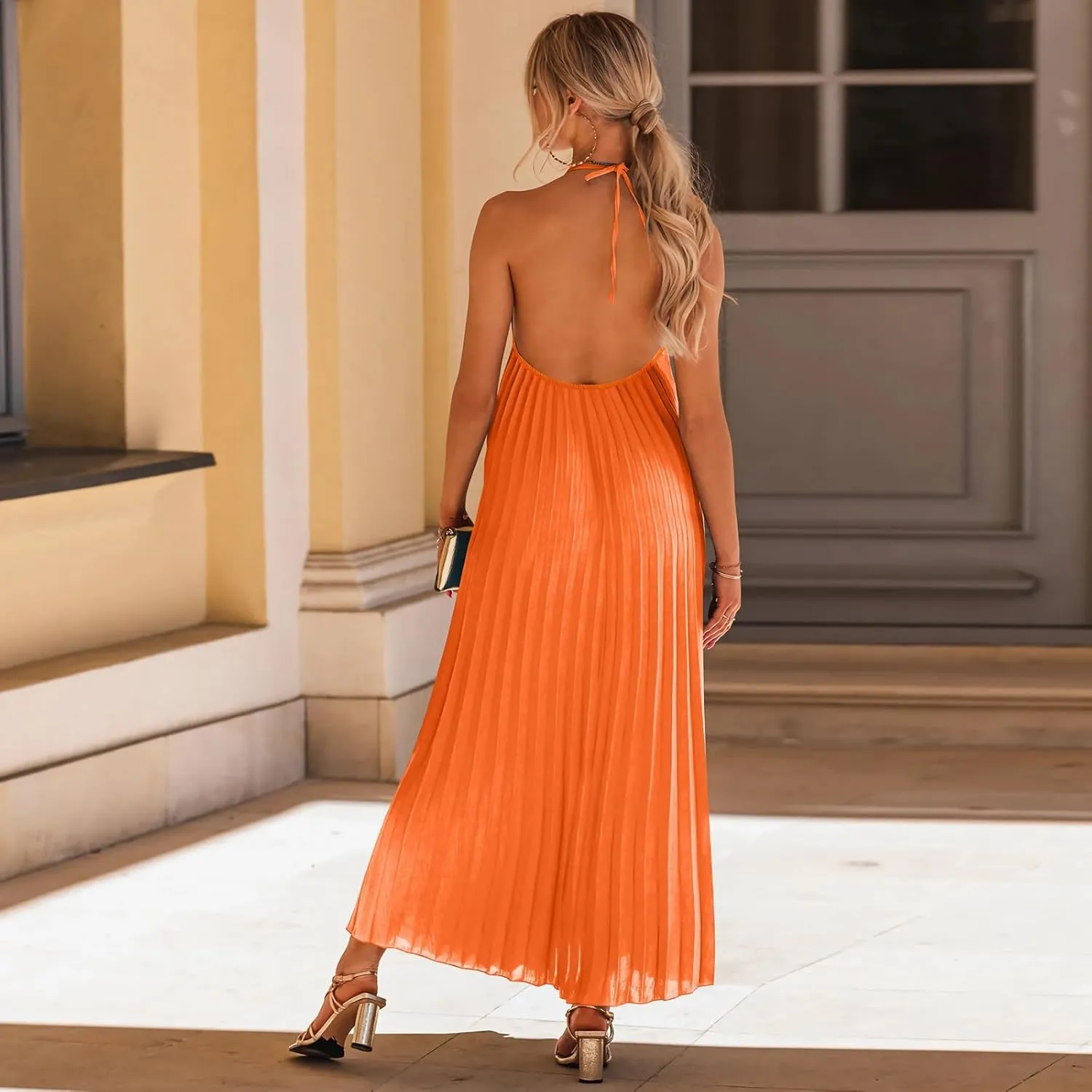 Summer Dresses for Women 2024 Halter Strap Ruched Flowy Sexy Sundresses Swing Casual Vacation Beach Maxi Dress