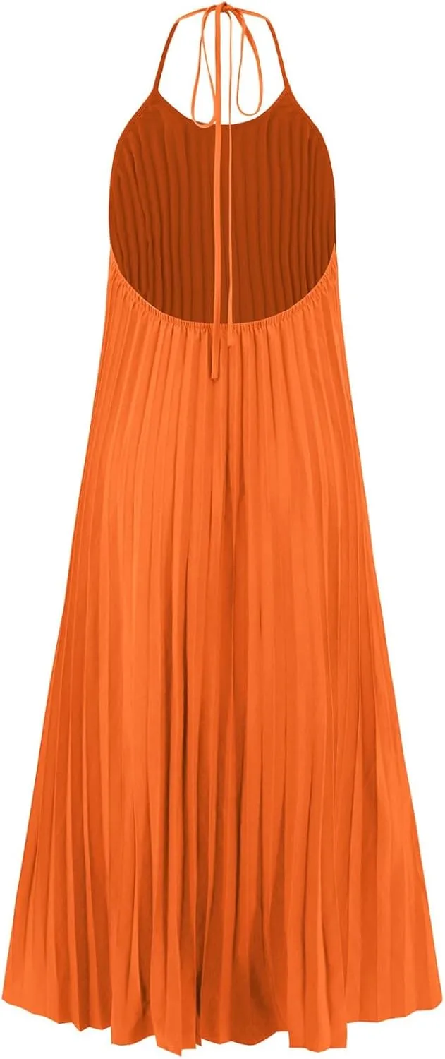 Summer Dresses for Women 2024 Halter Strap Ruched Flowy Sexy Sundresses Swing Casual Vacation Beach Maxi Dress