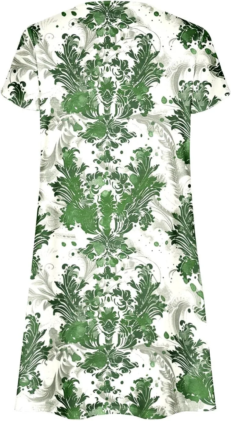 Summer Dresses for Women Vintage Floral Print V Neck Dress Boho Beach Sundress Loose Casual Midi Dress