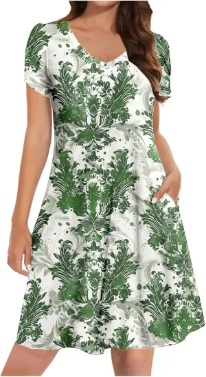 Summer Dresses for Women Vintage Floral Print V Neck Dress Boho Beach Sundress Loose Casual Midi Dress
