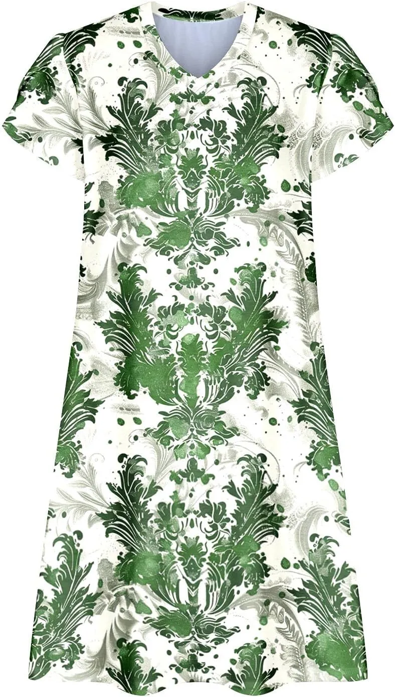 Summer Dresses for Women Vintage Floral Print V Neck Dress Boho Beach Sundress Loose Casual Midi Dress