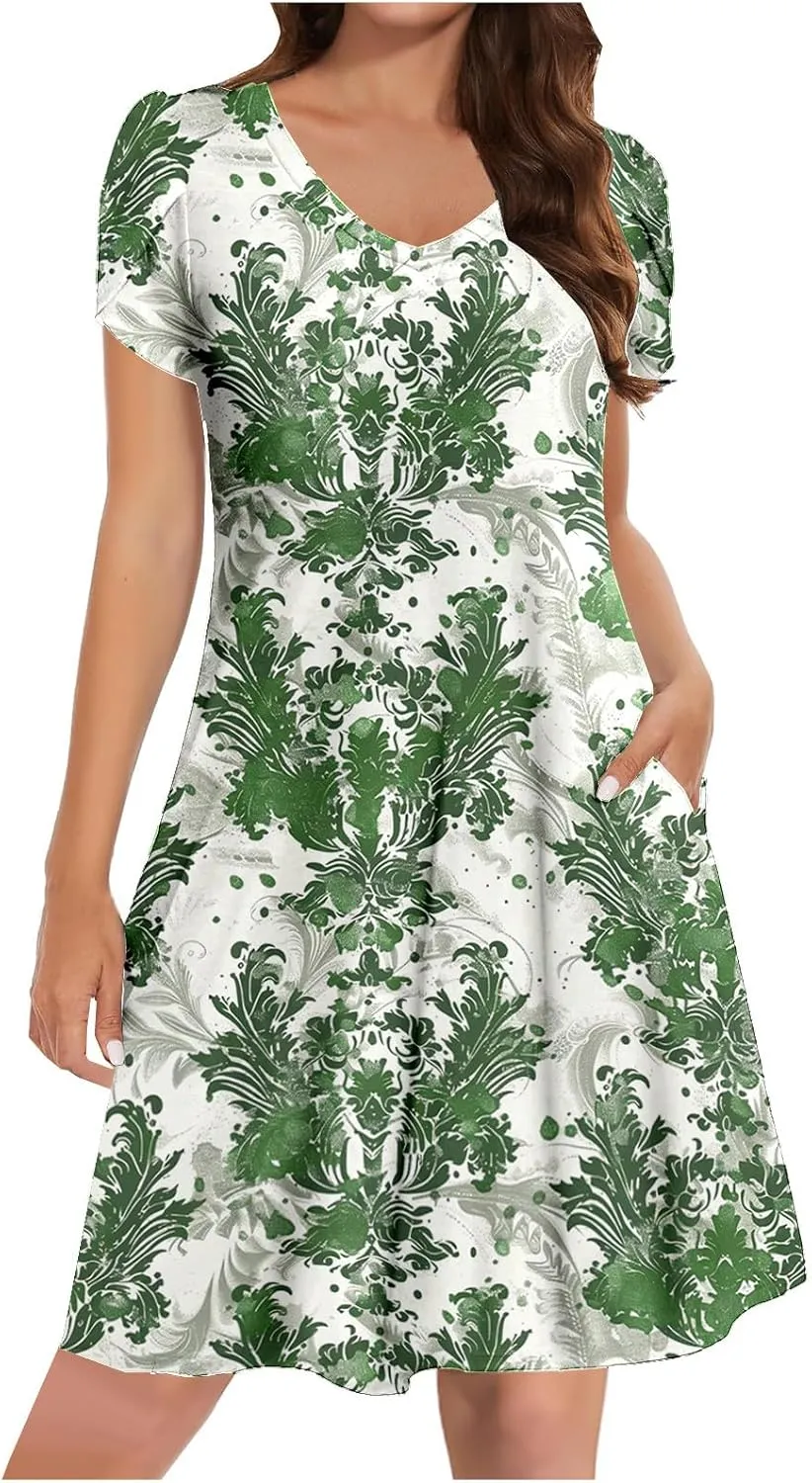 Summer Dresses for Women Vintage Floral Print V Neck Dress Boho Beach Sundress Loose Casual Midi Dress