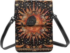 Sun And Moon Traditional Aboriginal Dot Tribal Black Crossbody Cell Phone Purse For Women Teen Girls Leather Small Crossbody Bag Mini Phone Pouch Purse, 7.5x5.3 Inches