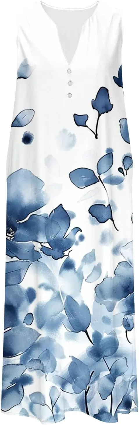 Sun Dresses for Women 2025 Summer Vacation V-Neck Tank Sundress Casual Sleeveless Flowy Mini Dress with Pockets