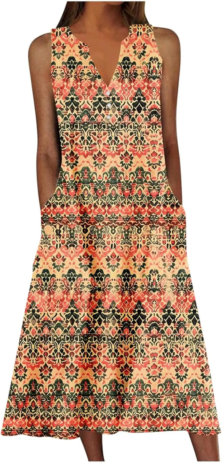 Sun Dresses for Women 2025 Summer Vacation V-Neck Tank Sundress Casual Sleeveless Flowy Mini Dress with Pockets