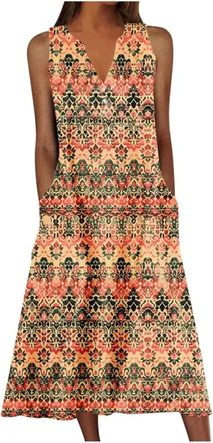 Sun Dresses for Women 2025 Summer Vacation V-Neck Tank Sundress Casual Sleeveless Flowy Mini Dress with Pockets