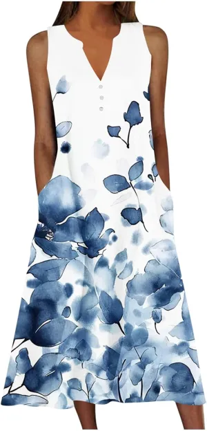 Sun Dresses for Women 2025 Summer Vacation V-Neck Tank Sundress Casual Sleeveless Flowy Mini Dress with Pockets