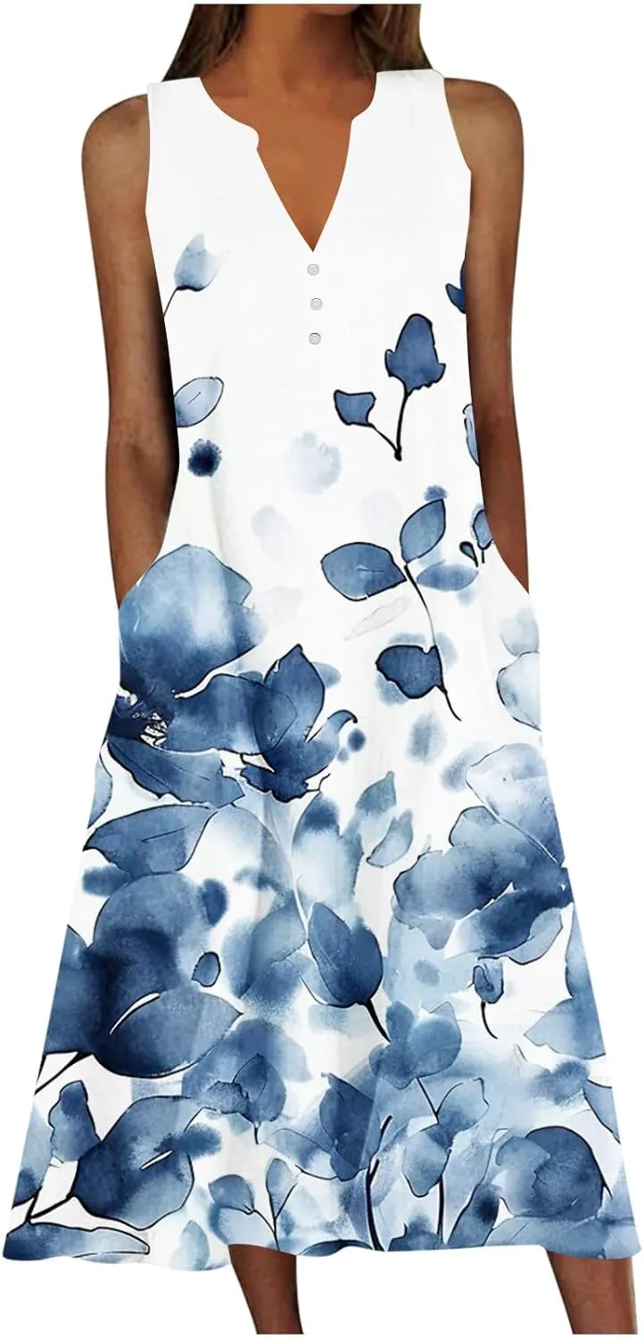 Sun Dresses for Women 2025 Summer Vacation V-Neck Tank Sundress Casual Sleeveless Flowy Mini Dress with Pockets