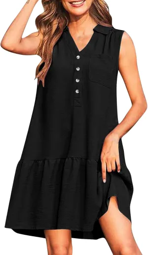 Sundresses for Women 2025 Loose Fit V-Neck Fashion Button Dress Summer Casual Sleeveless Solid Beach Dresses
