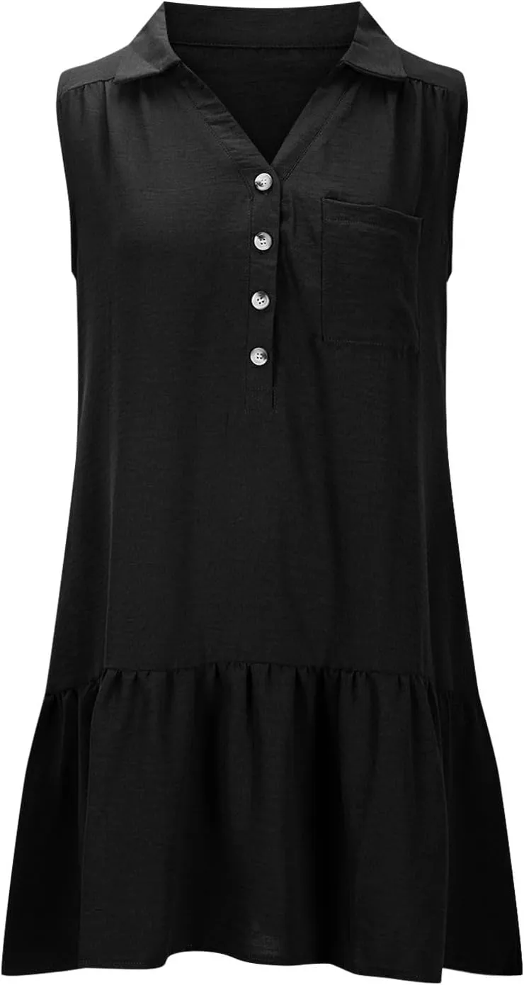 Sundresses for Women 2025 Loose Fit V-Neck Fashion Button Dress Summer Casual Sleeveless Solid Beach Dresses