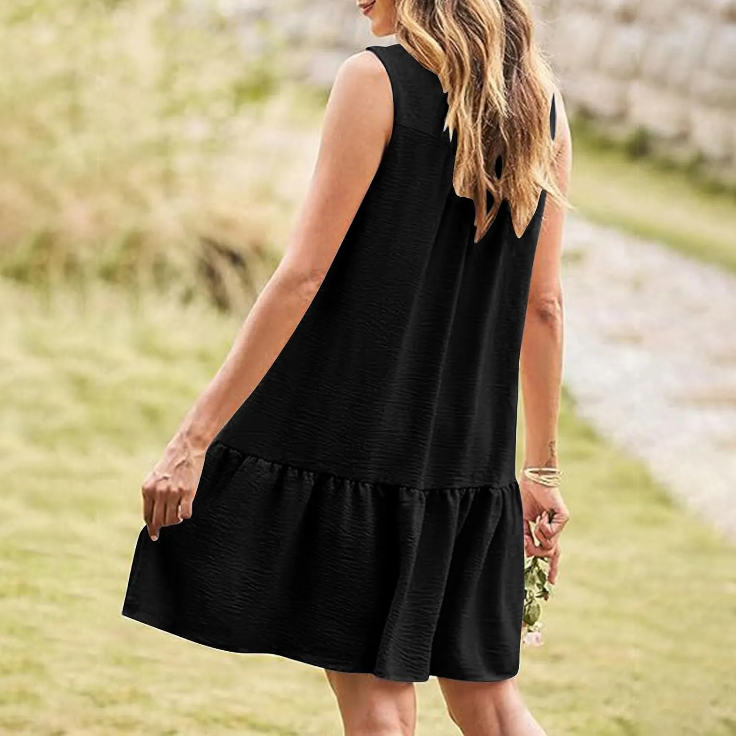 Sundresses for Women 2025 Loose Fit V-Neck Fashion Button Dress Summer Casual Sleeveless Solid Beach Dresses