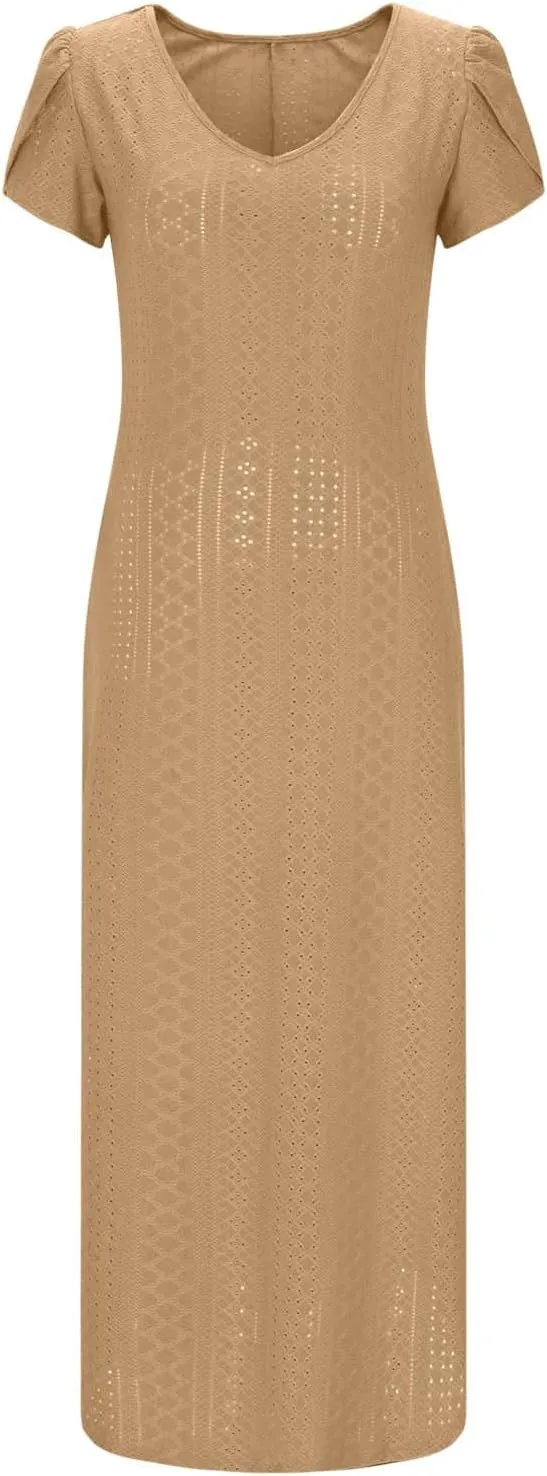 Sundresses for Women 2025 Summer Ruffle Short Sleeve Hollow Out Maxi Dresses Eyelet Embroidery Flowy Dresses