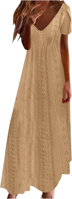Sundresses for Women 2025 Summer Ruffle Short Sleeve Hollow Out Maxi Dresses Eyelet Embroidery Flowy Dresses