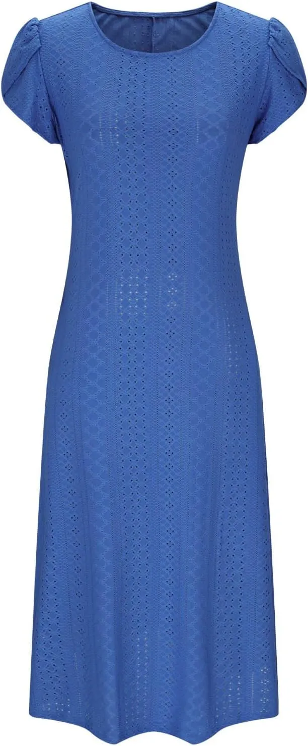 Sundresses for Women 2025 Summer Ruffle Short Sleeve Hollow Out Maxi Dresses Eyelet Embroidery Flowy Dresses