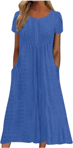 Sundresses for Women 2025 Summer Ruffle Short Sleeve Hollow Out Maxi Dresses Eyelet Embroidery Flowy Dresses