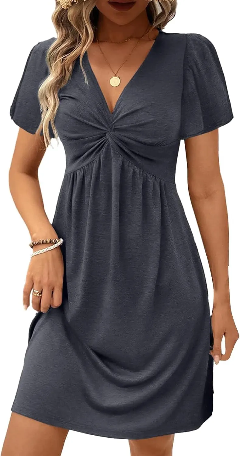 Sundresses for Women 2025 Twist Front V Neck Ruffle Dresses Short Sleeve Sexy Mini Dress A Line Going Out Dress