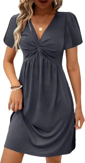 Sundresses for Women 2025 Twist Front V Neck Ruffle Dresses Short Sleeve Sexy Mini Dress A Line Going Out Dress