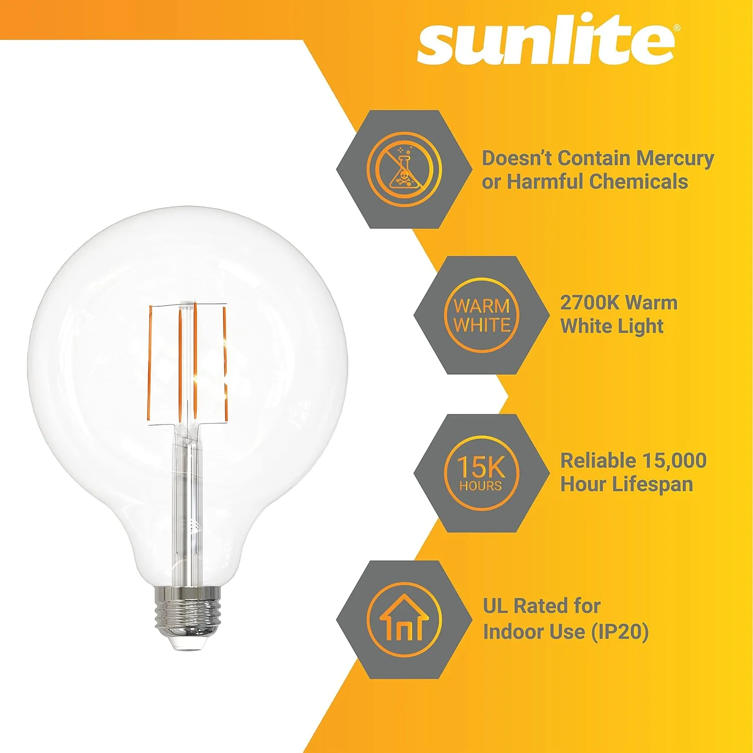 Sunlite 81122 LED G40 Edison Globe Light Bulb, 8.5 Watts (100W=), Standard E26 Base, 800 Lumens, Dimmable, Clear Glass, Antique Long Filament, 90 CRI, Title-20 Compliant, 2700K Warm White, 1 Count