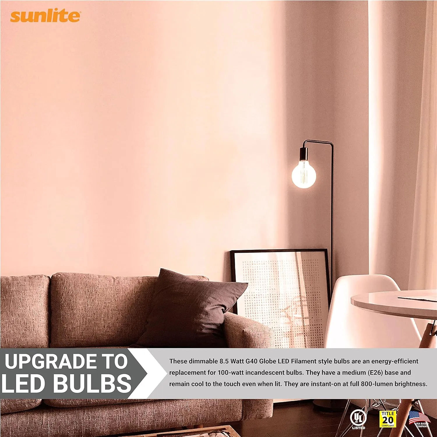 Sunlite 81122 LED G40 Edison Globe Light Bulb, 8.5 Watts (100W=), Standard E26 Base, 800 Lumens, Dimmable, Clear Glass, Antique Long Filament, 90 CRI, Title-20 Compliant, 2700K Warm White, 1 Count