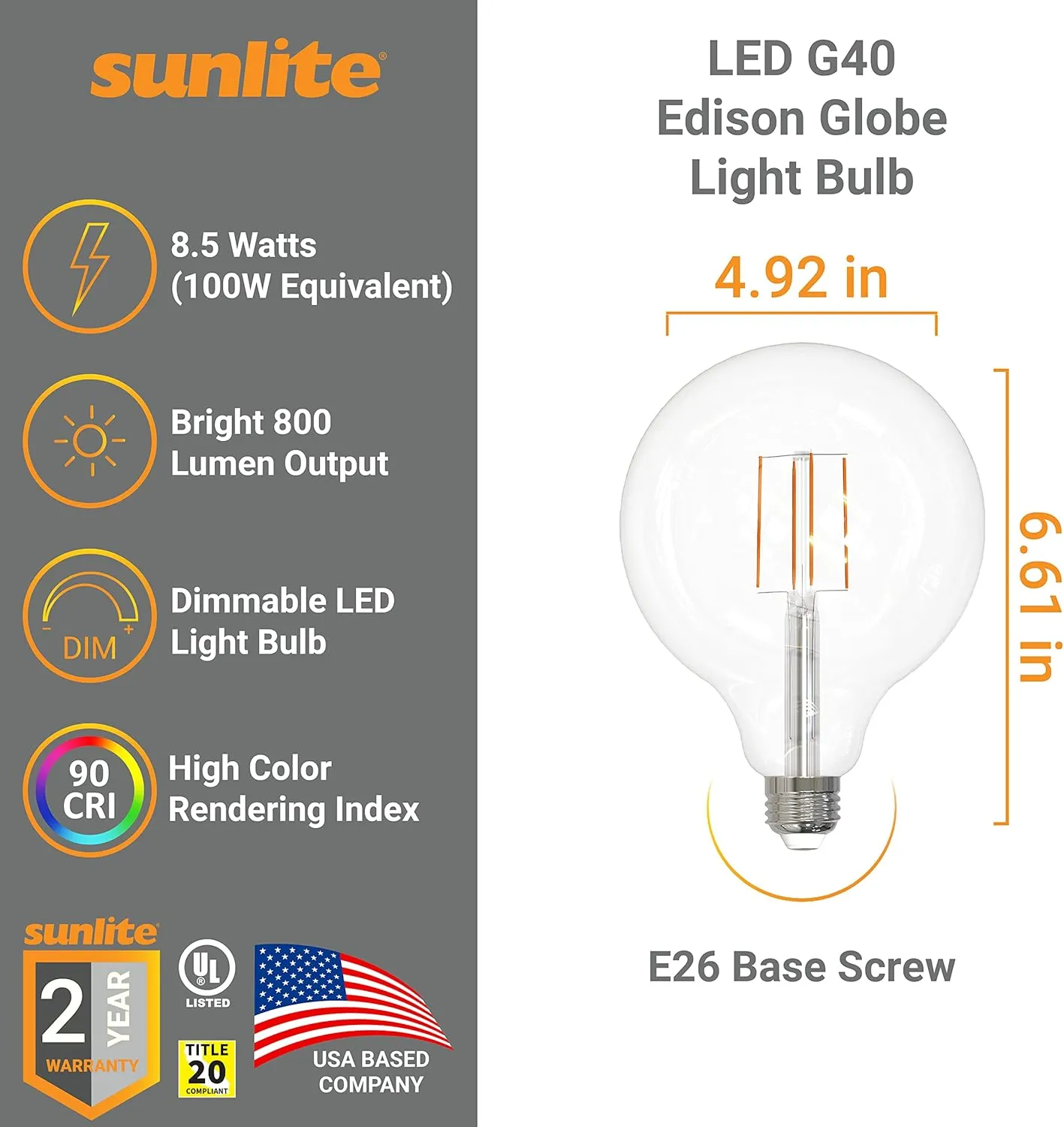 Sunlite 81122 LED G40 Edison Globe Light Bulb, 8.5 Watts (100W=), Standard E26 Base, 800 Lumens, Dimmable, Clear Glass, Antique Long Filament, 90 CRI, Title-20 Compliant, 2700K Warm White, 1 Count