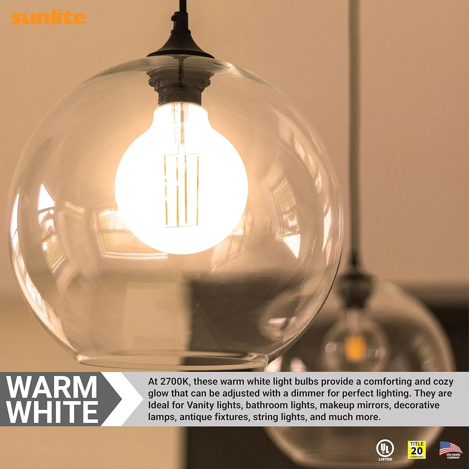 Sunlite 81122 LED G40 Edison Globe Light Bulb, 8.5 Watts (100W=), Standard E26 Base, 800 Lumens, Dimmable, Clear Glass, Antique Long Filament, 90 CRI, Title-20 Compliant, 2700K Warm White, 1 Count