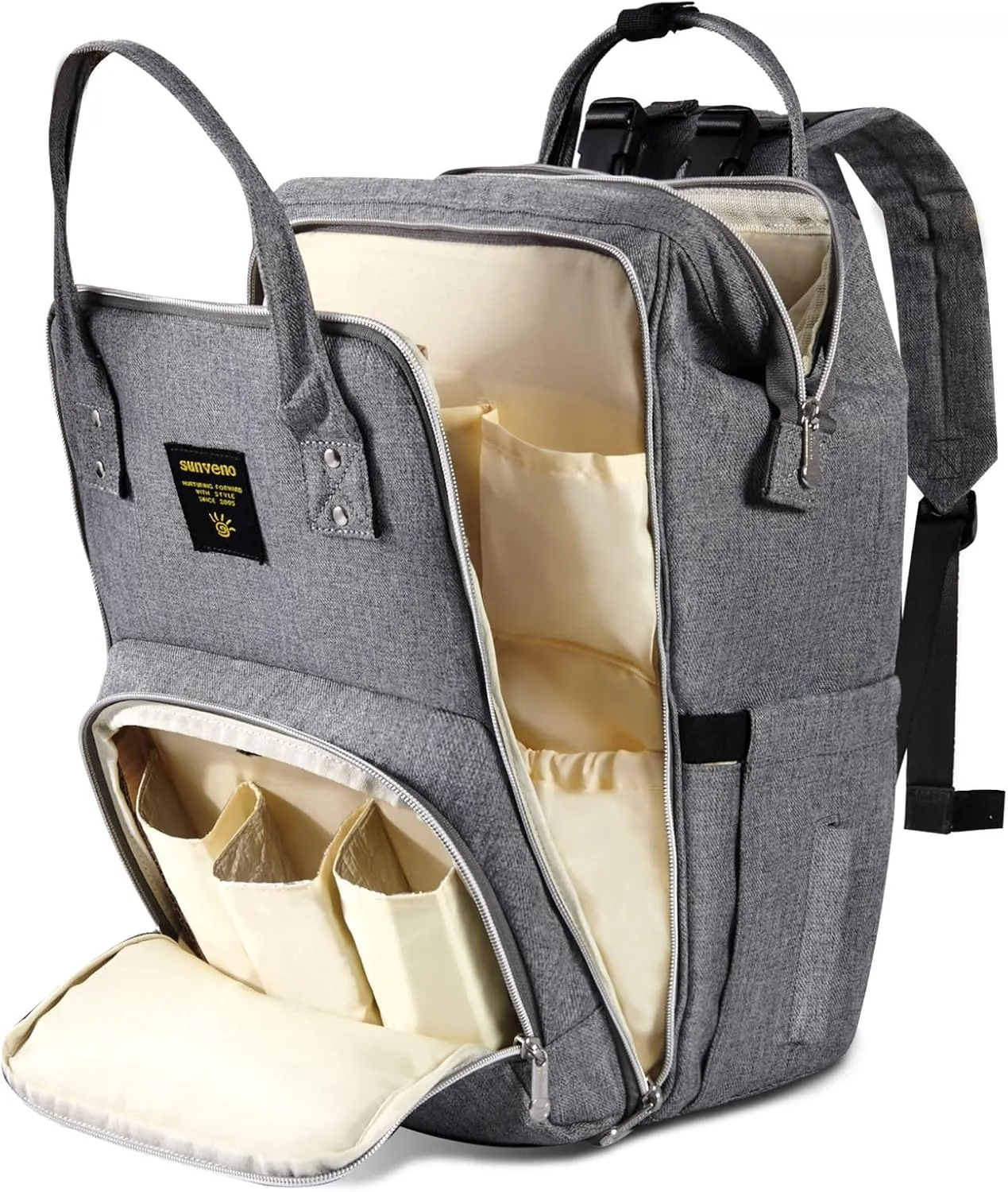 SUNVENO Baby Diaper Bag Backpack, Large Capacity Travel Backpack with Portable Changing Pad for Moms Dads, Grey