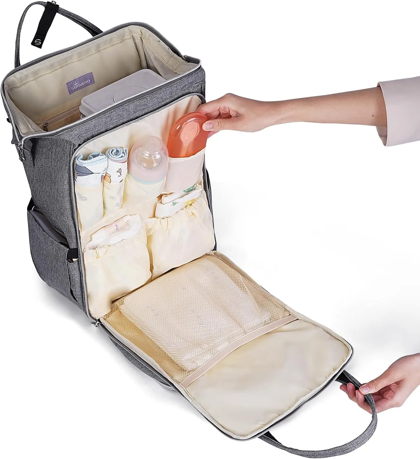 SUNVENO Baby Diaper Bag Backpack, Large Capacity Travel Backpack with Portable Changing Pad for Moms Dads, Grey