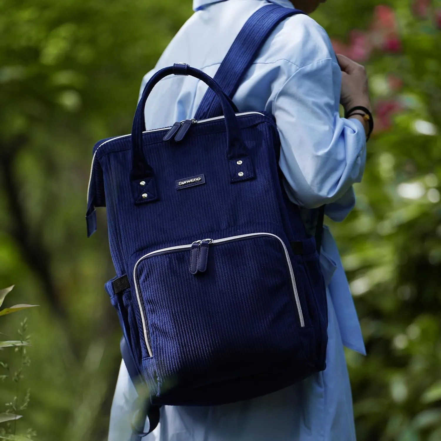 SUNVENO Velvet Stitching Diaper Bag Backpack Large Capacity Tote Shoulder Nappy Bag Organizer for Baby Care with Insulated Pockets,Waterproof Fabric, Blue