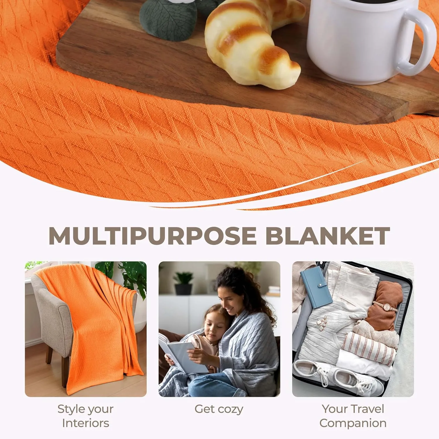 SUPERIOR Diamond Weave All-Season Cotton Blanket, Cover for Home, Couch, Bed, Soft, Warm Blankets, Boho Aesthetic, Comfy, Cozy, and Cute Covers, Decorative Bedding Essentials, King, Burnt Orange