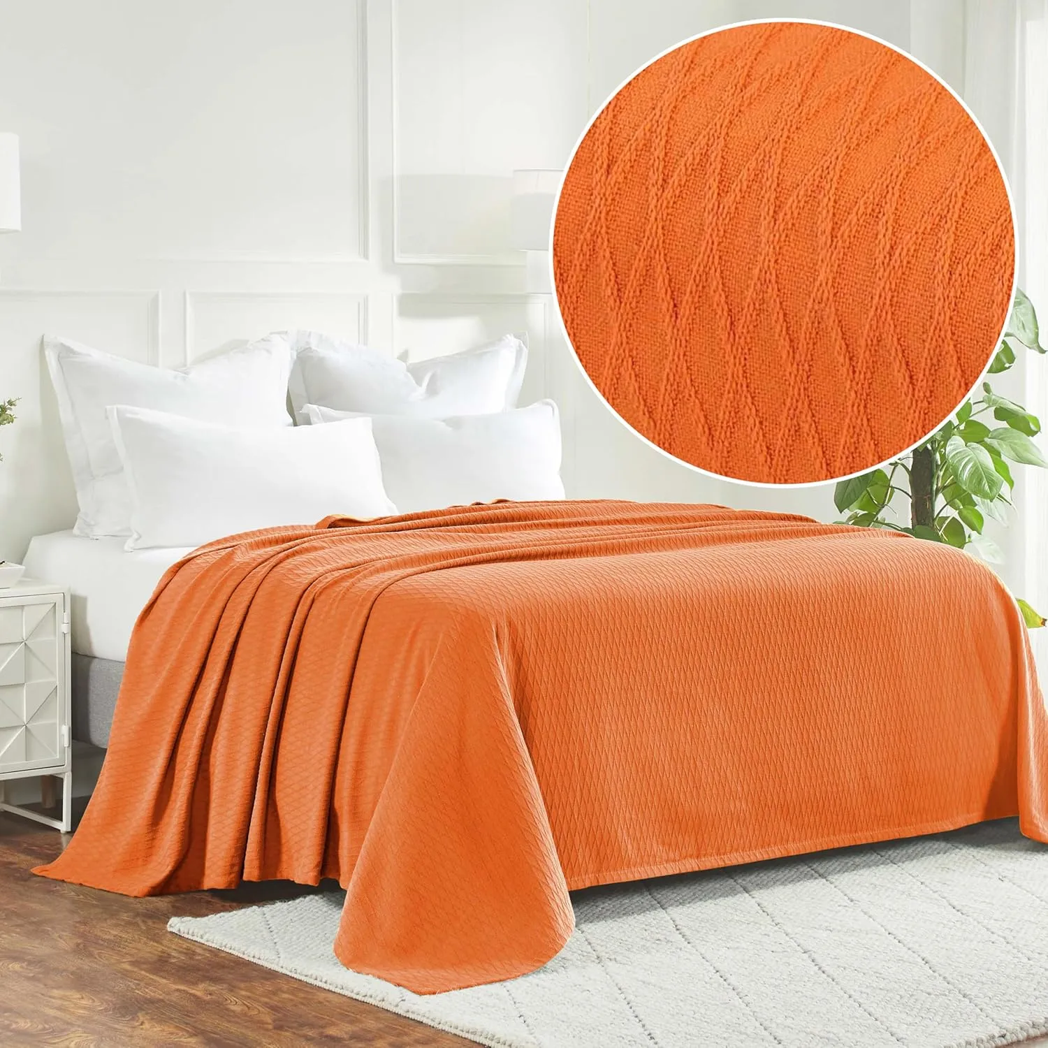 SUPERIOR Diamond Weave All-Season Cotton Blanket, Cover for Home, Couch, Bed, Soft, Warm Blankets, Boho Aesthetic, Comfy, Cozy, and Cute Covers, Decorative Bedding Essentials, King, Burnt Orange