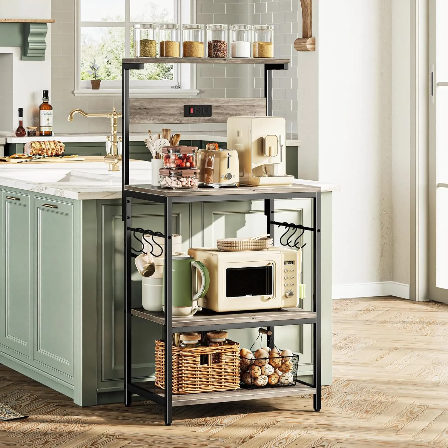 SUPERJARE Kitchen Bakers Rack with Power Outlet, Coffee Bar Table 4 Tiers, Kitchen Microwave Stand with 6 S-Shaped Hooks, Kitchen Storage Shelf Rack for Spices, Pots and Pans - Greige