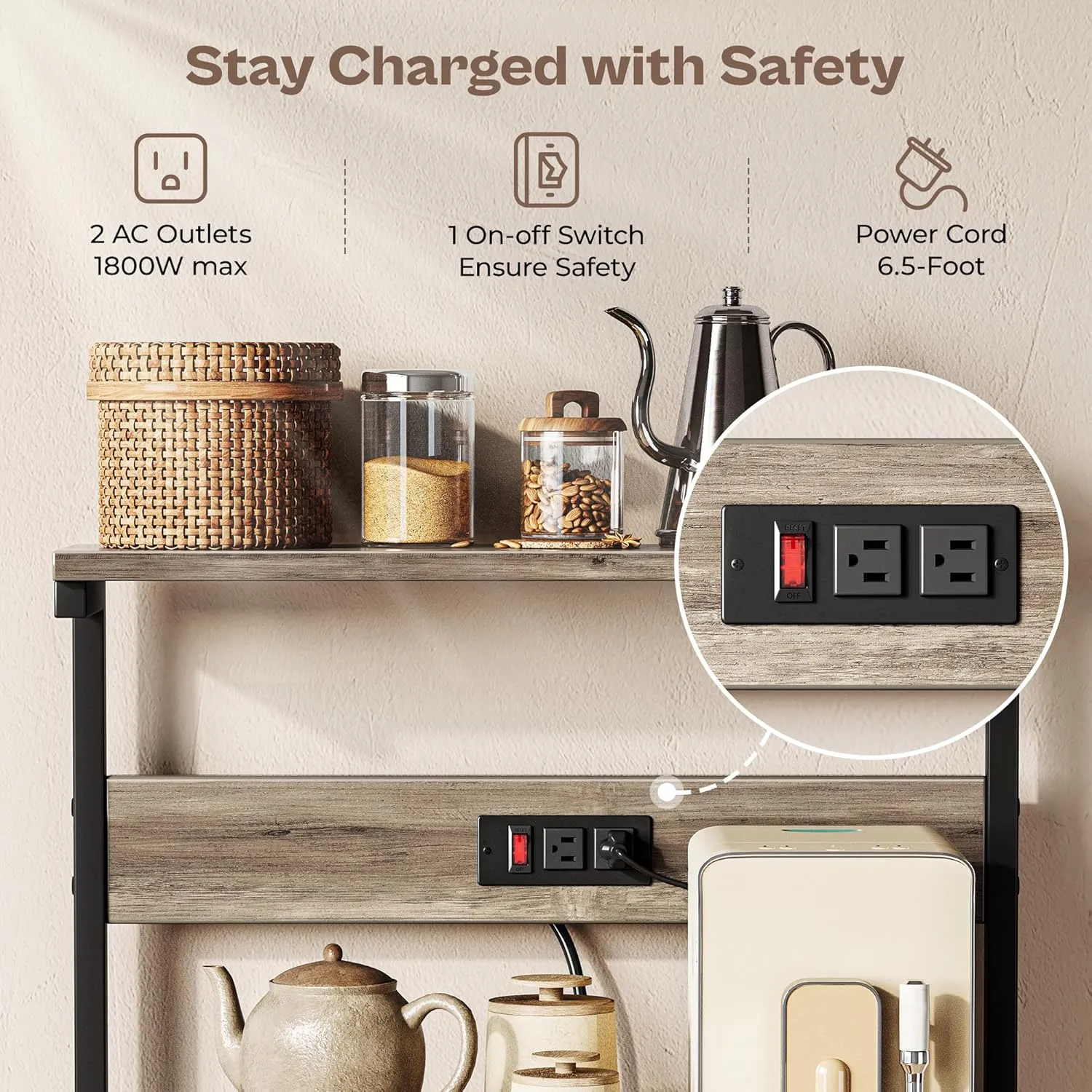 SUPERJARE Kitchen Bakers Rack with Power Outlet, Coffee Bar Table 4 Tiers, Kitchen Microwave Stand with 6 S-Shaped Hooks, Kitchen Storage Shelf Rack for Spices, Pots and Pans - Greige
