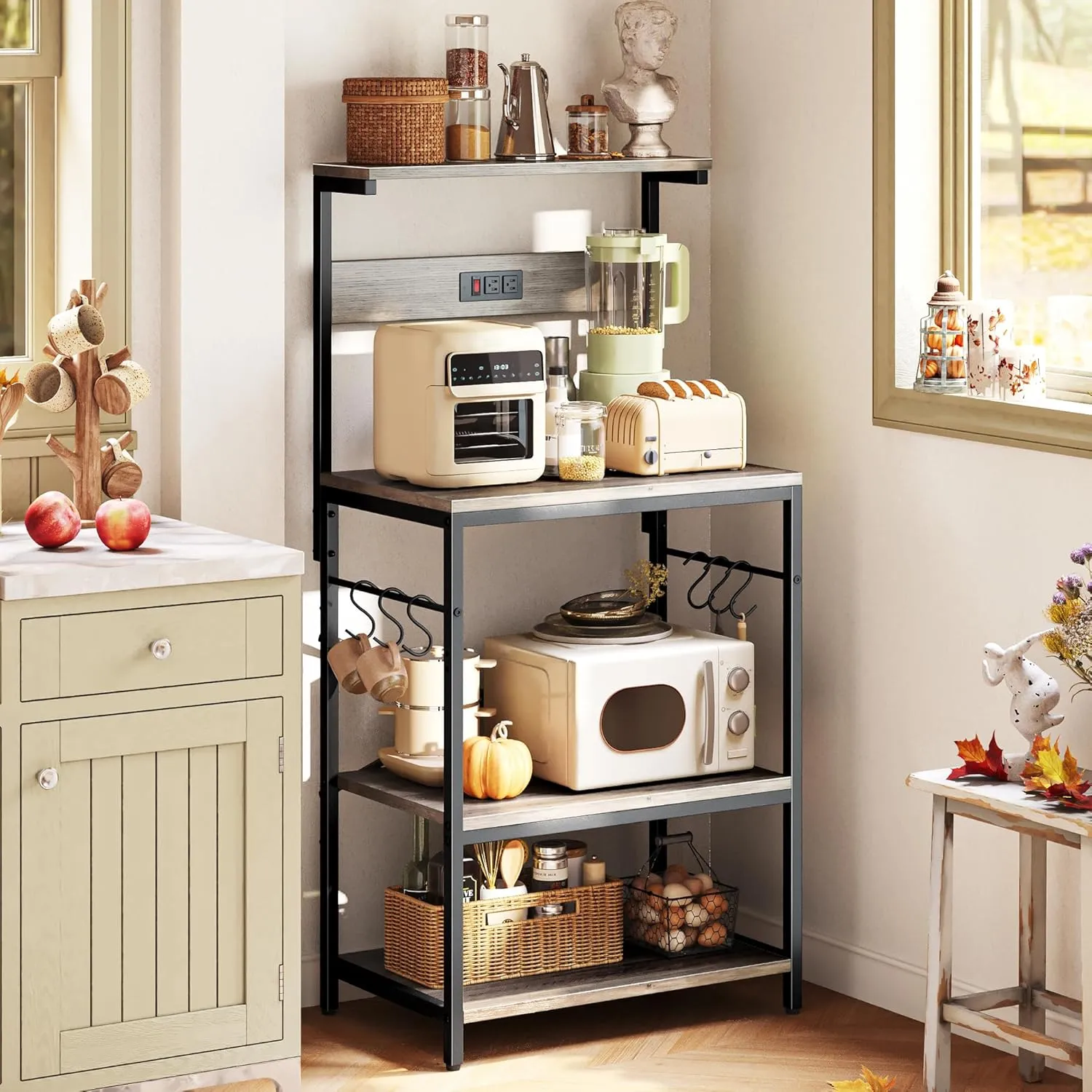 SUPERJARE Kitchen Bakers Rack with Power Outlet, Coffee Bar Table 4 Tiers, Kitchen Microwave Stand with 6 S-Shaped Hooks, Kitchen Storage Shelf Rack for Spices, Pots and Pans - Greige