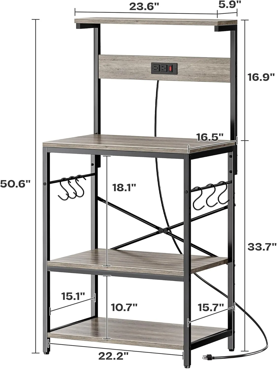 SUPERJARE Kitchen Bakers Rack with Power Outlet, Coffee Bar Table 4 Tiers, Kitchen Microwave Stand with 6 S-Shaped Hooks, Kitchen Storage Shelf Rack for Spices, Pots and Pans - Greige