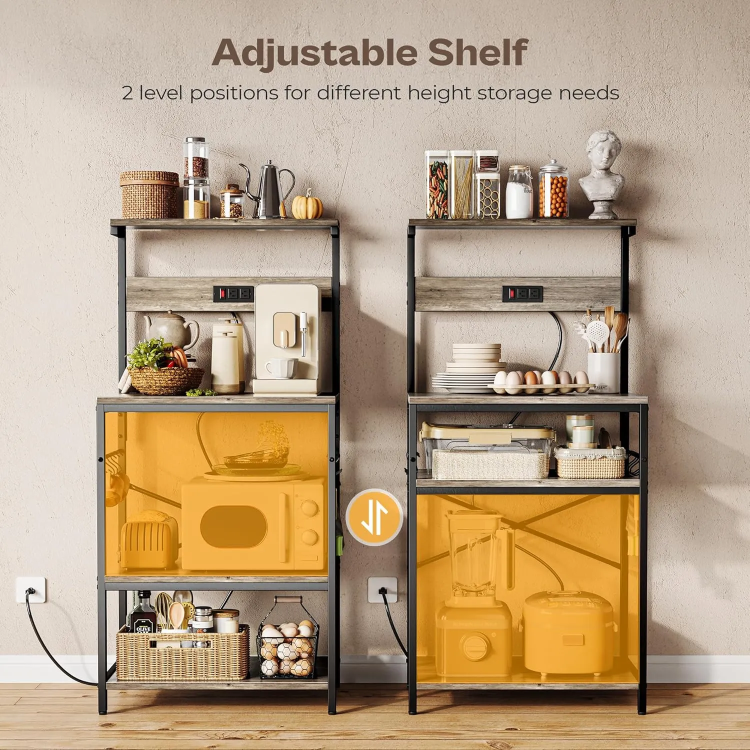 SUPERJARE Kitchen Bakers Rack with Power Outlet, Coffee Bar Table 4 Tiers, Kitchen Microwave Stand with 6 S-Shaped Hooks, Kitchen Storage Shelf Rack for Spices, Pots and Pans - Greige