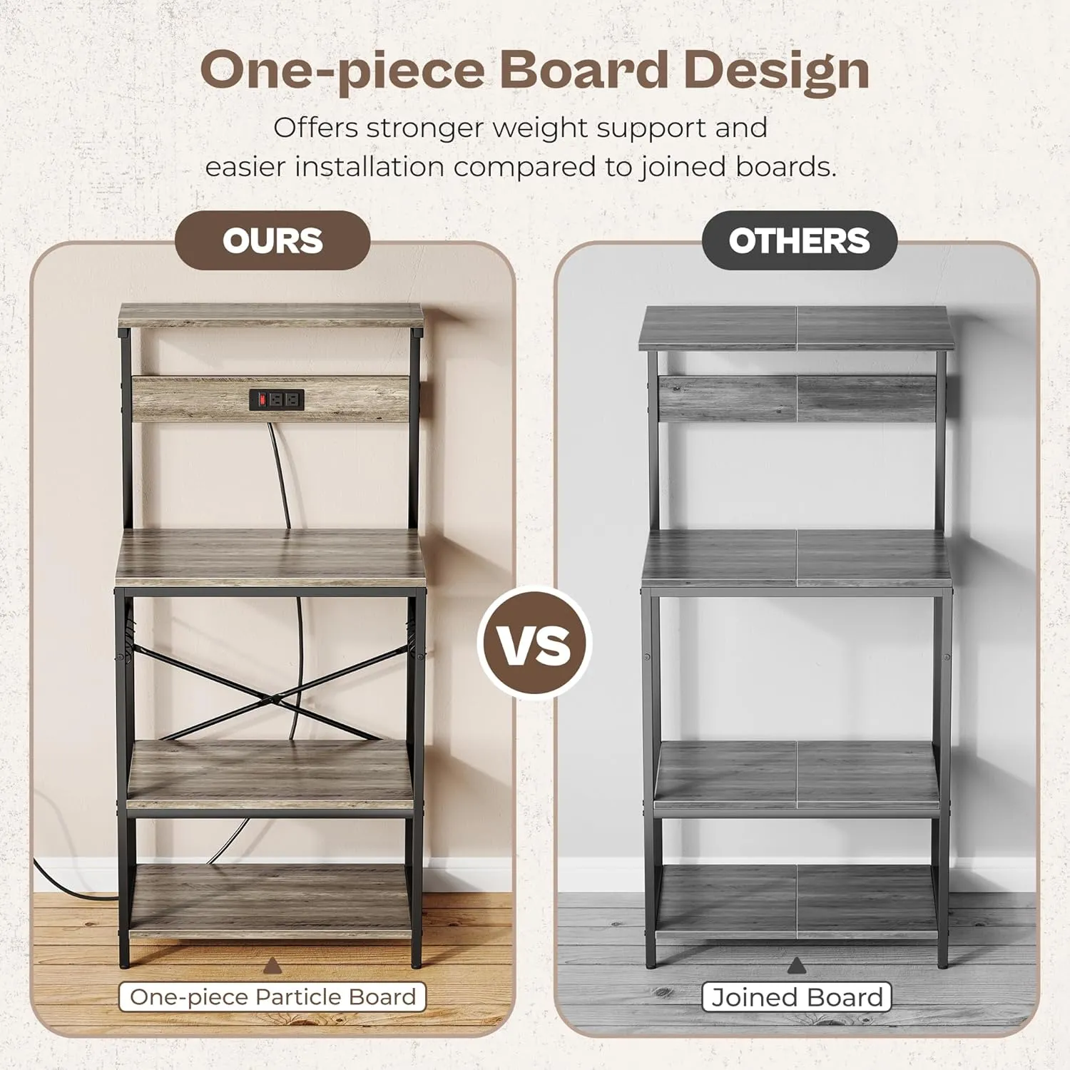 SUPERJARE Kitchen Bakers Rack with Power Outlet, Coffee Bar Table 4 Tiers, Kitchen Microwave Stand with 6 S-Shaped Hooks, Kitchen Storage Shelf Rack for Spices, Pots and Pans - Greige