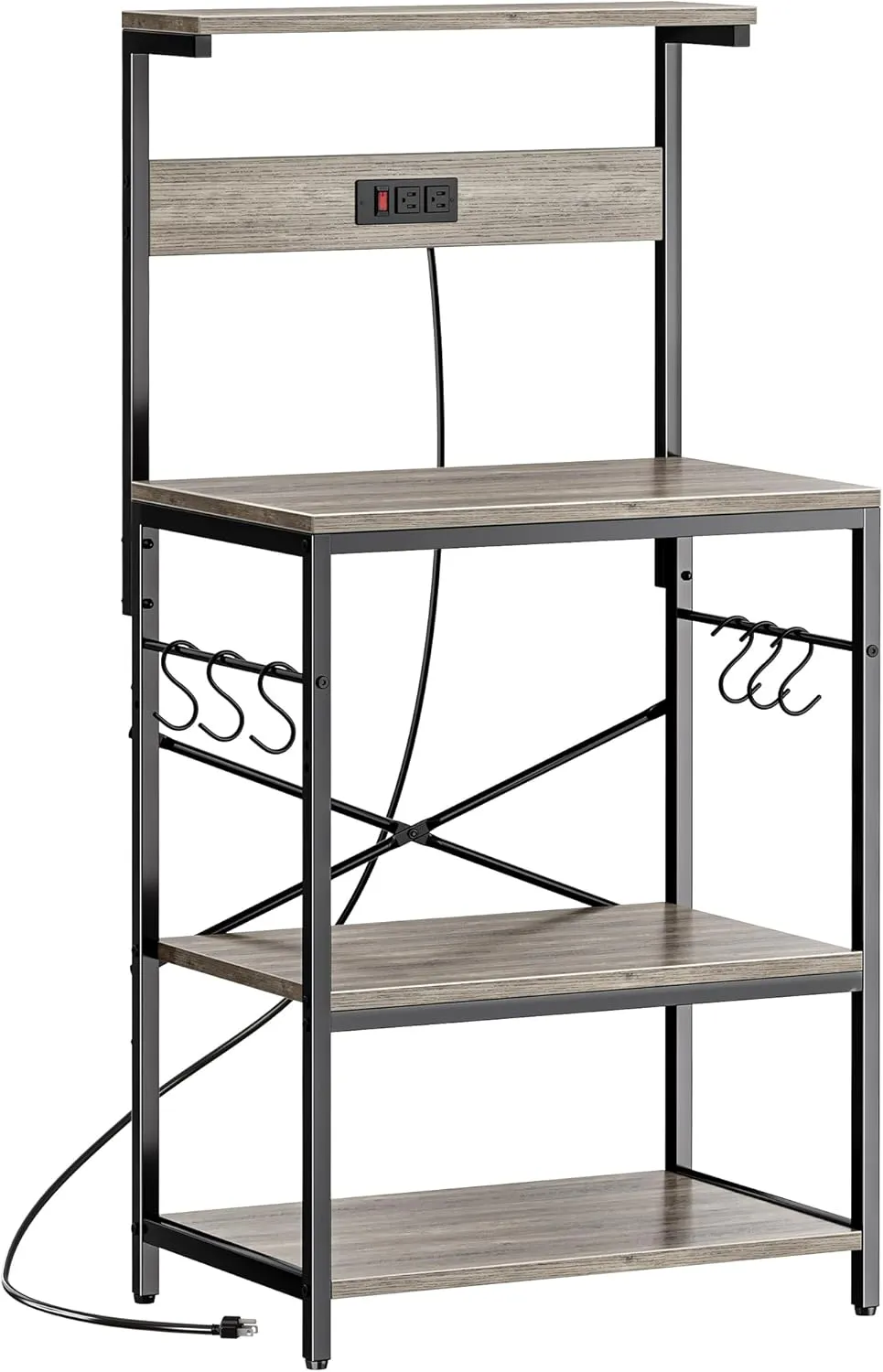 SUPERJARE Kitchen Bakers Rack with Power Outlet, Coffee Bar Table 4 Tiers, Kitchen Microwave Stand with 6 S-Shaped Hooks, Kitchen Storage Shelf Rack for Spices, Pots and Pans - Greige