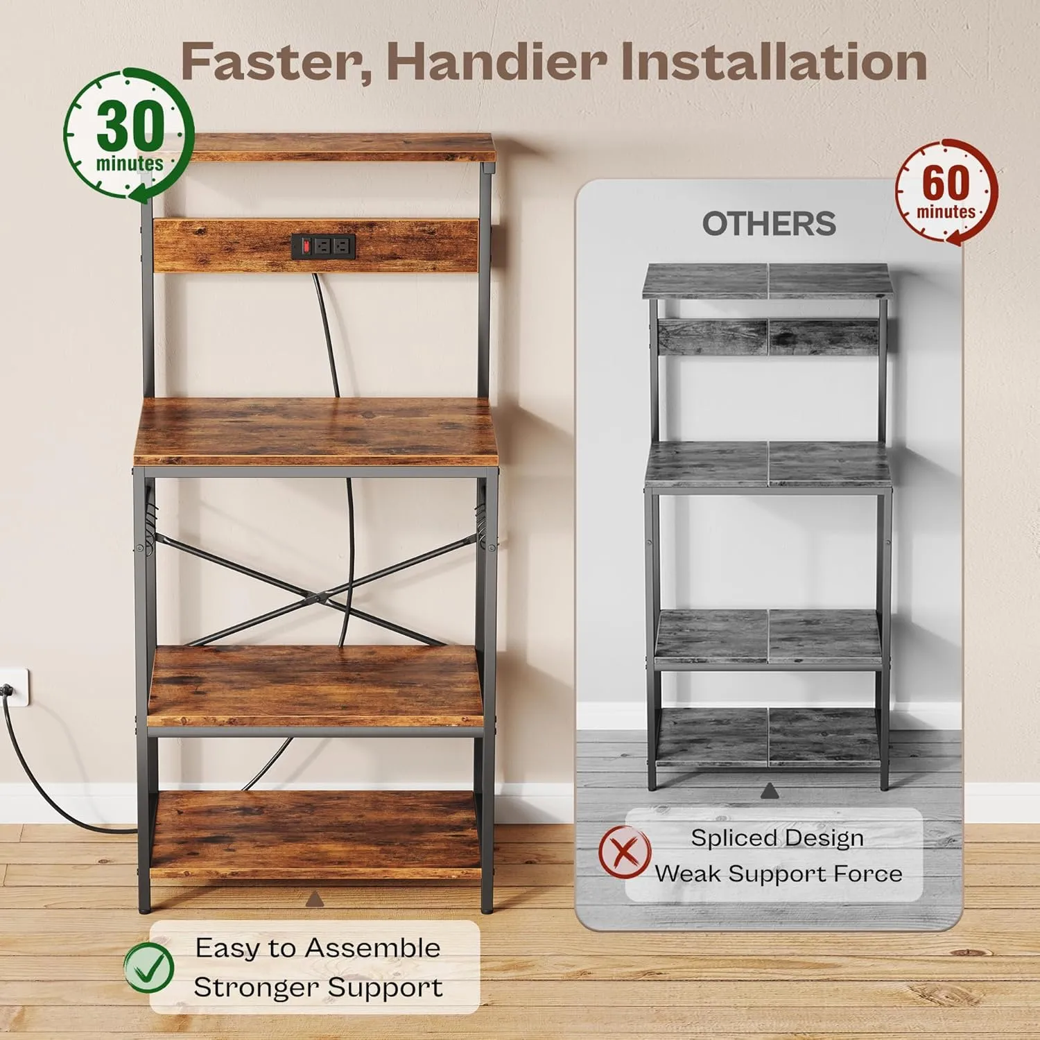 SUPERJARE Kitchen Bakers Rack with Power Outlet, Coffee Bar Table 4 Tiers, Kitchen Microwave Stand with 6 S-shaped Hooks, Storage Shelf Rack for Spices, Pots and Pans - Rustic Brown
