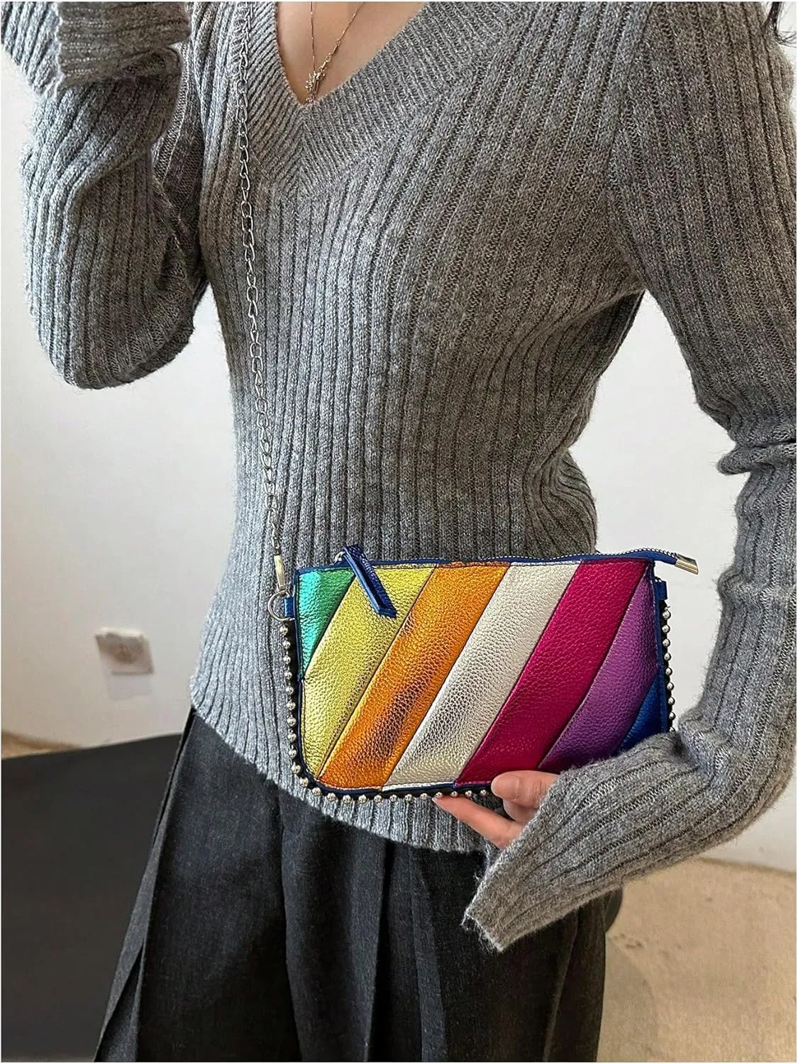 SweatyRocks Women's Colorblock Chain Strap Crossbody Bag Clutch Purses with Zipper