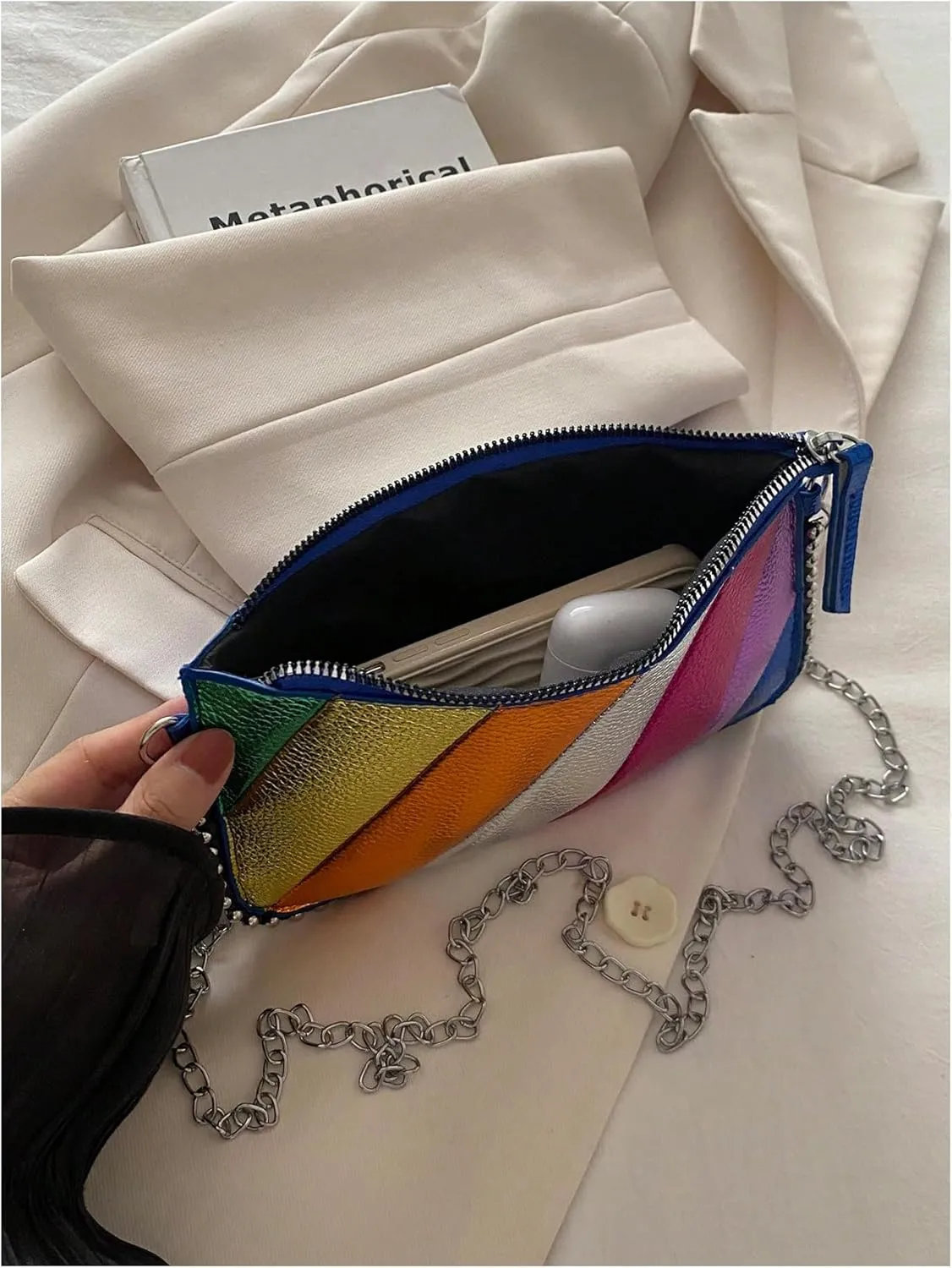SweatyRocks Women's Colorblock Chain Strap Crossbody Bag Clutch Purses with Zipper