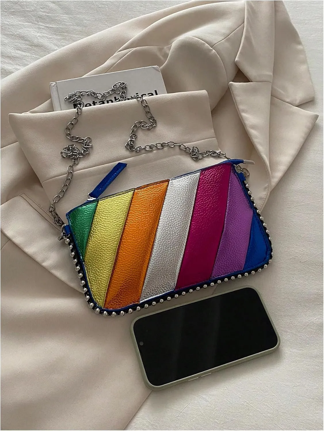 SweatyRocks Women's Colorblock Chain Strap Crossbody Bag Clutch Purses with Zipper